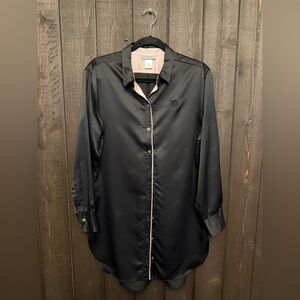 Natori Nightgown Women's Sz XS Black & Pink Satin Sleep Shirt Button Down EUC